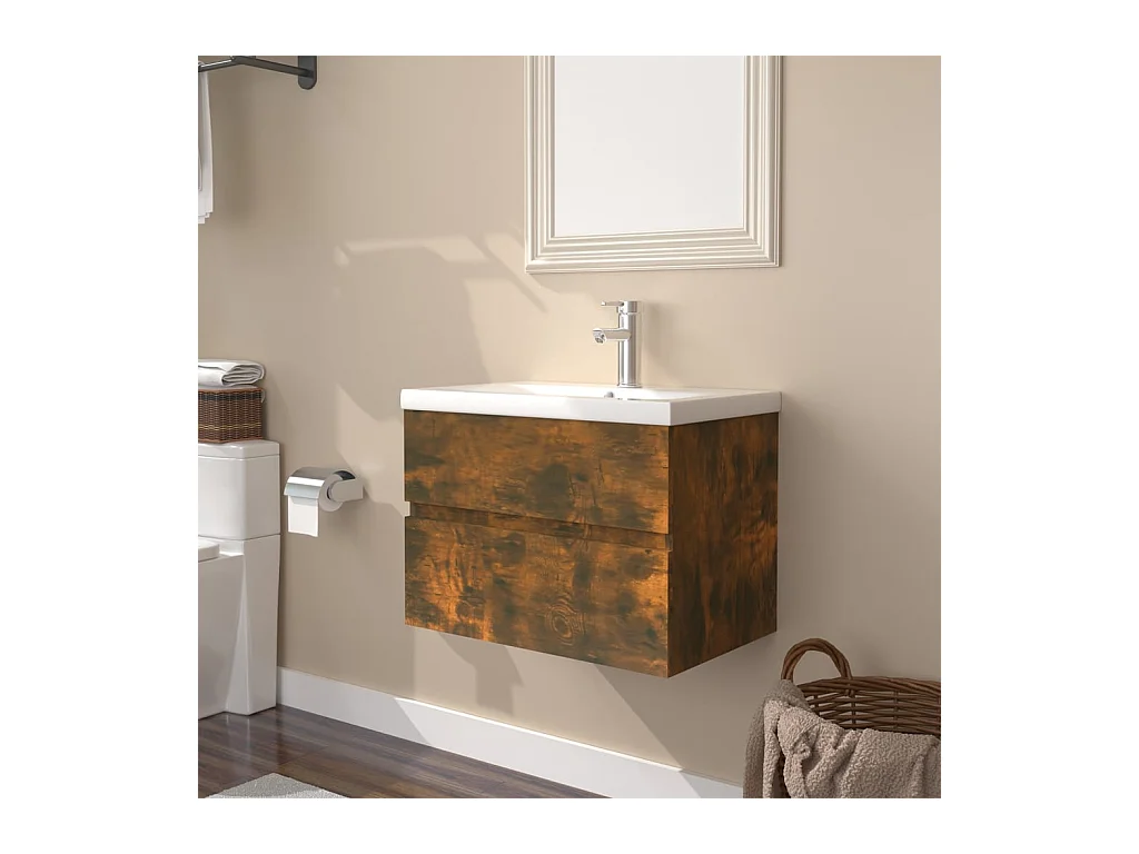 Meuble lavabo + Vasque intégré Chêne fumé Bois d'ingénierie FR363608
