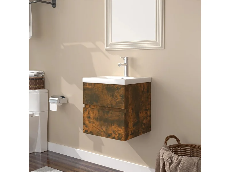 Meuble lavabo + Vasque intégré Chêne fumé Bois d'ingénierie FR737427