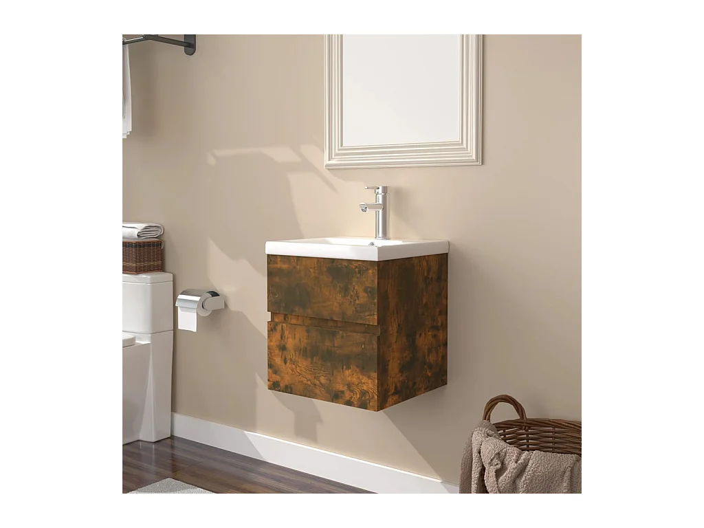 Meuble lavabo + Vasque intégré Chêne fumé Bois d'ingénierie FR737427