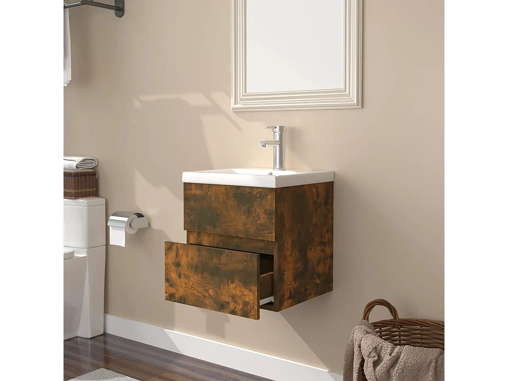Meuble lavabo + Vasque intégré Chêne fumé Bois d'ingénierie FR737427