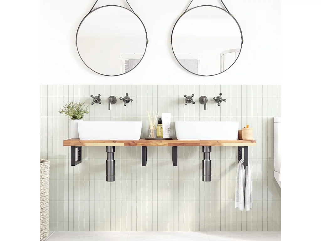 Meuble sous vasque murale acier et bois massif d'acacia FR404873