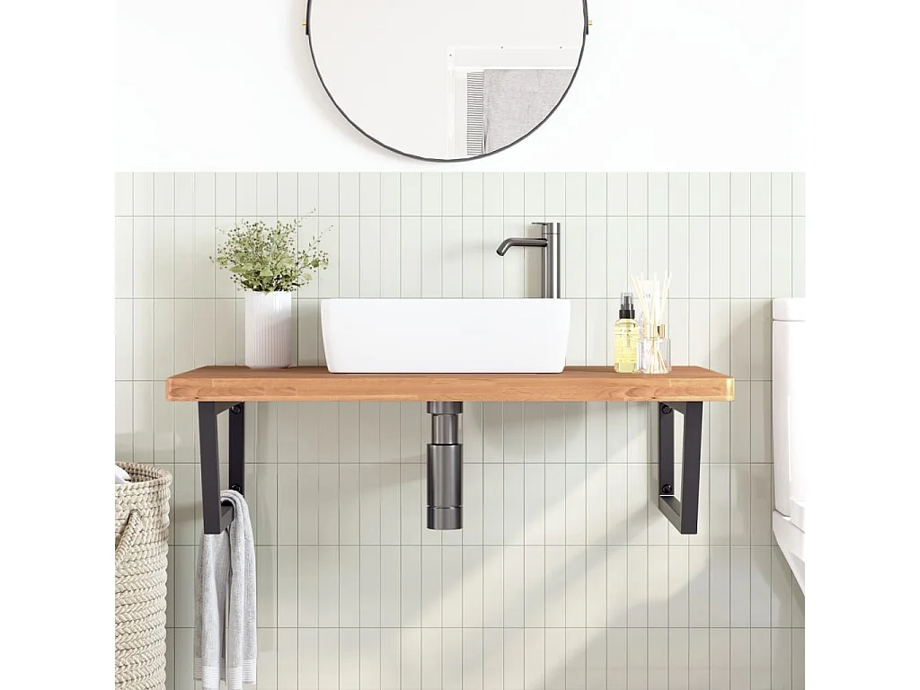 Estante de lavabo de pared de acero y madera maciza de haya ES734084