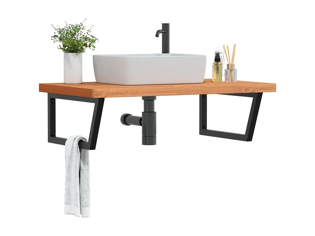 Estante de lavabo de pared de acero y madera maciza de haya ES734084