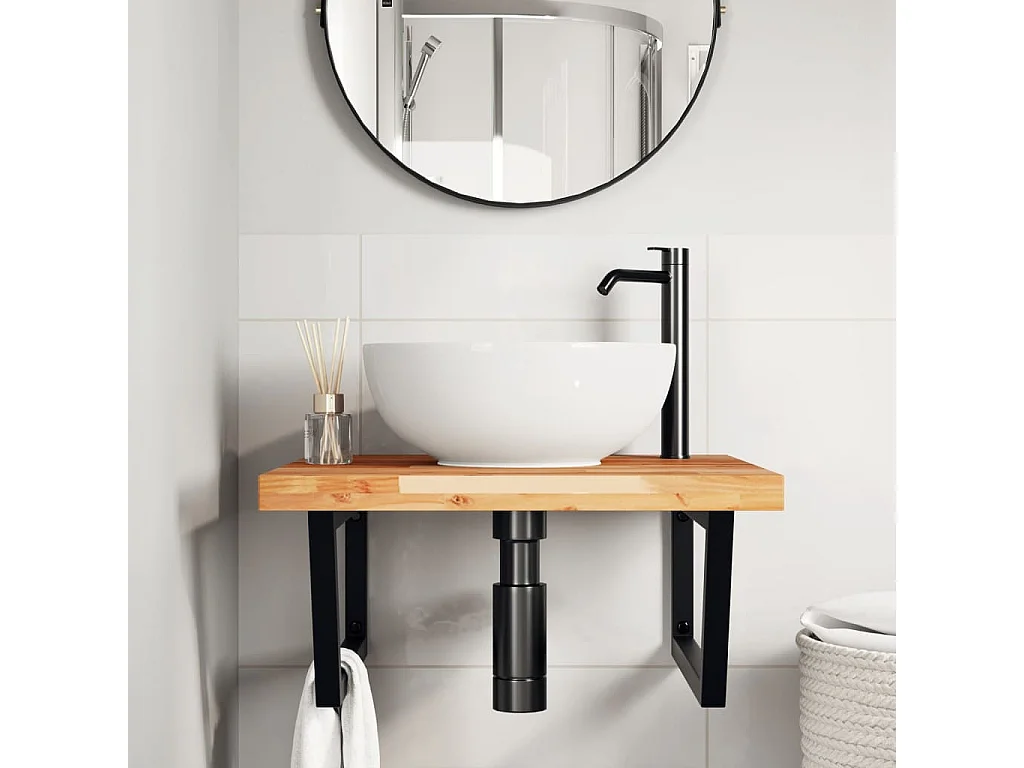 Meuble sous vasque murale acier et bois massif d'acacia FR375544