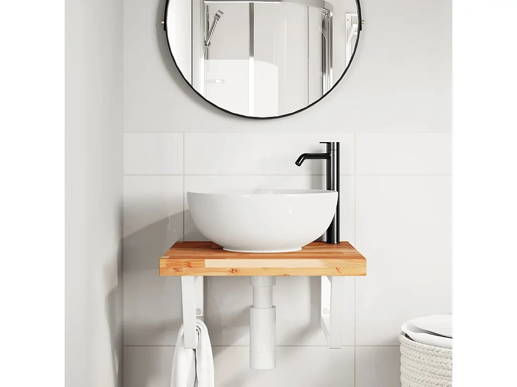 Meuble sous vasque murale acier et bois massif d'acacia FR770761