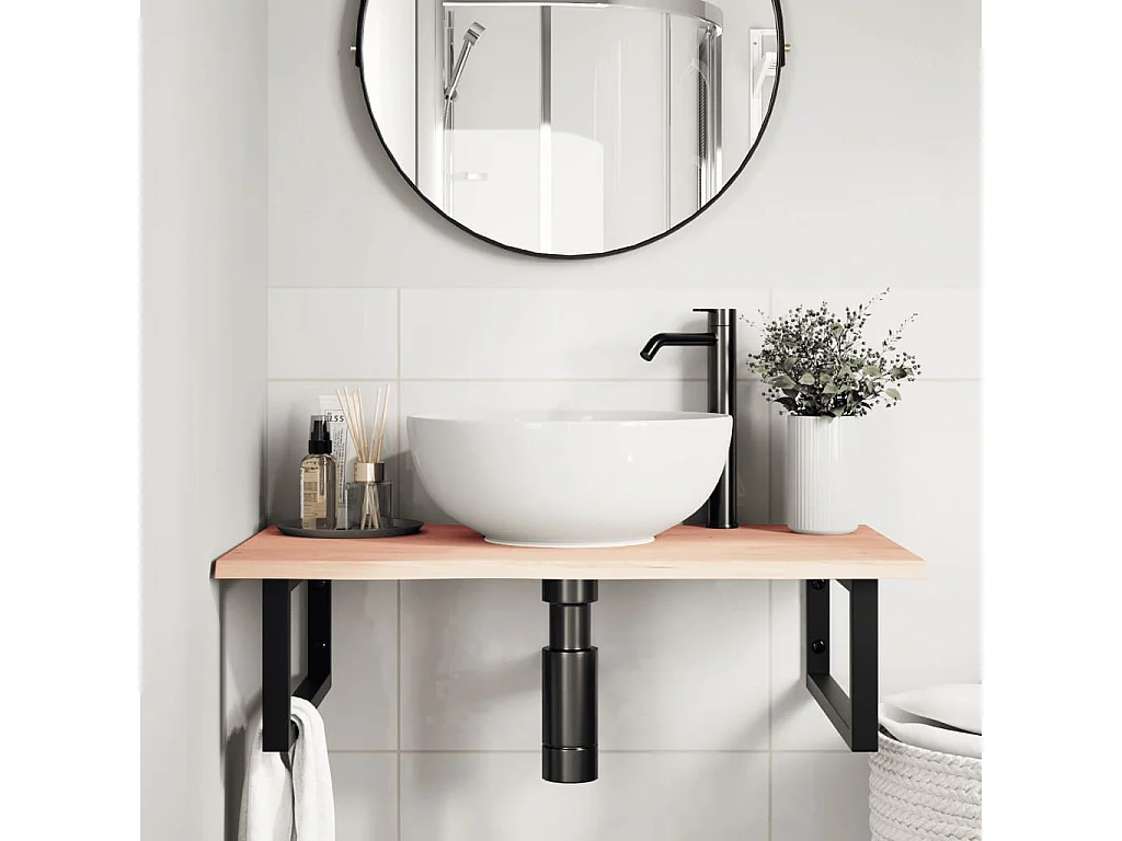 Estante de lavabo de pared de acero y madera maciza de roble ES132869