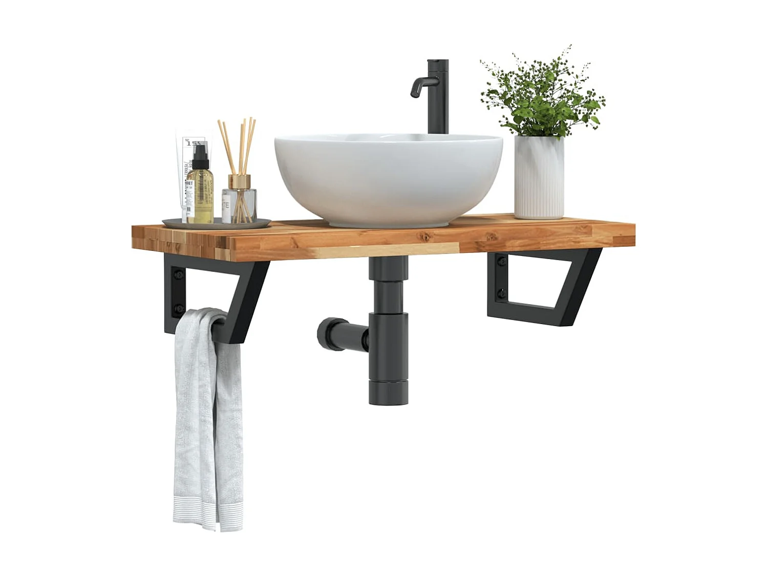 Meuble sous vasque murale acier et bois massif d'acacia FR929652