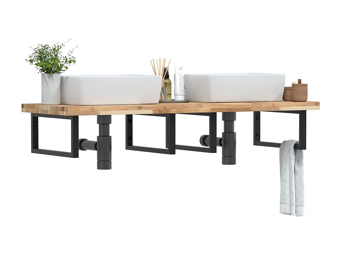 Meuble sous vasque murale acier et bois massif d'acacia FR236778