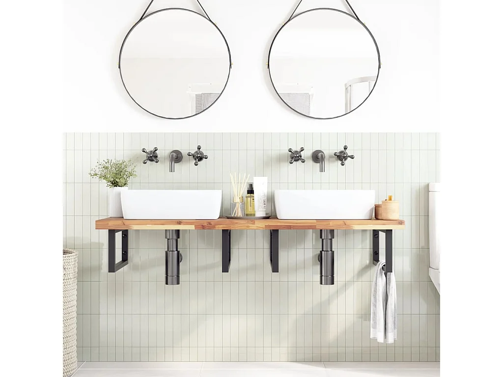 Meuble sous vasque murale acier et bois massif d'acacia FR236778