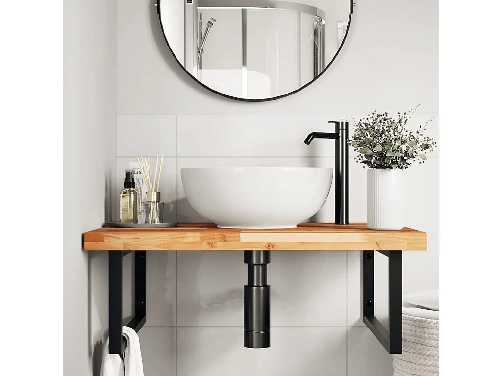 Meuble sous vasque murale acier et bois massif d'acacia FR155617