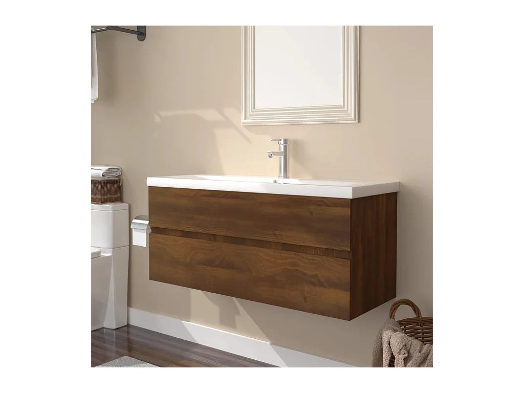 Meuble lavabo + Vasque intégré Chêne brun Bois d'ingénierie FR332214