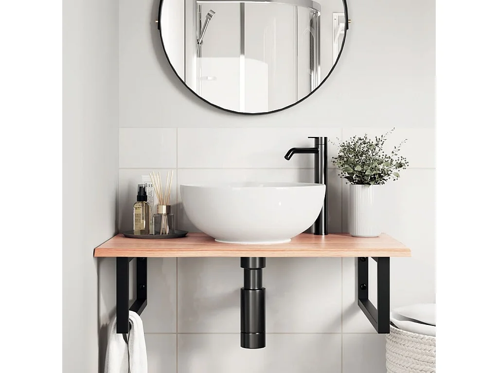 Meuble sous vasque murale acier et bois de chêne massif FR269840