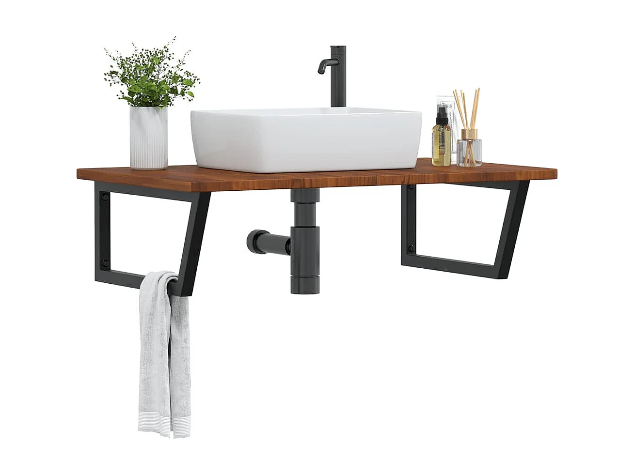 Estante de lavabo de pared de acero y madera maciza de roble ES546662