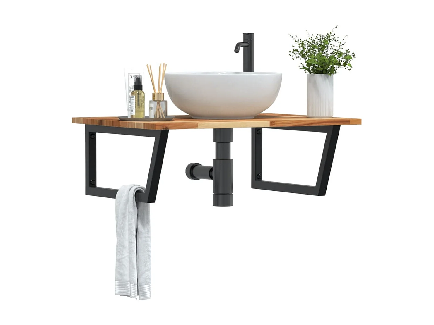 Meuble sous vasque murale acier et bois massif d'acacia FR720742