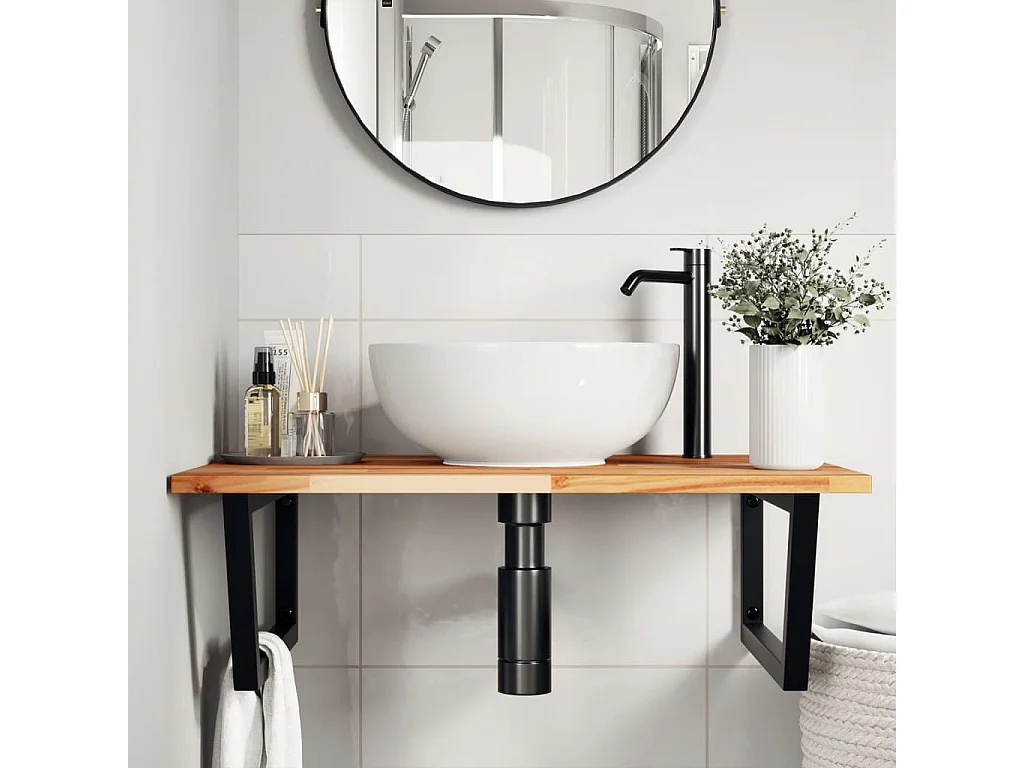 Meuble sous vasque murale acier et bois massif d'acacia FR720742