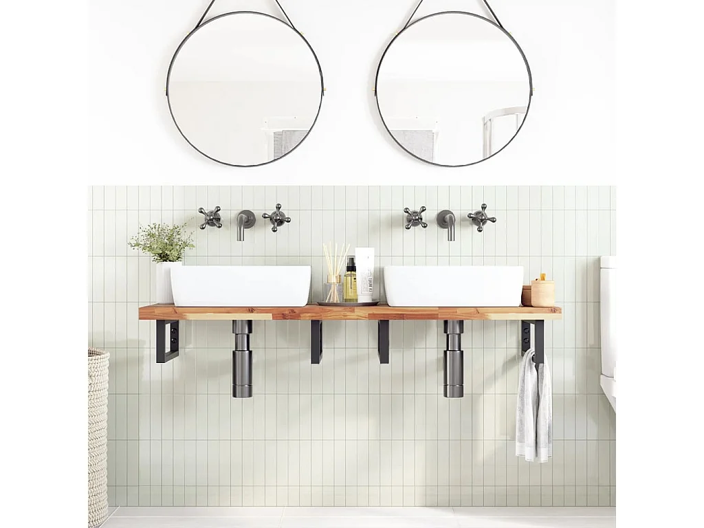 Meuble sous vasque murale acier et bois massif d'acacia FR727449