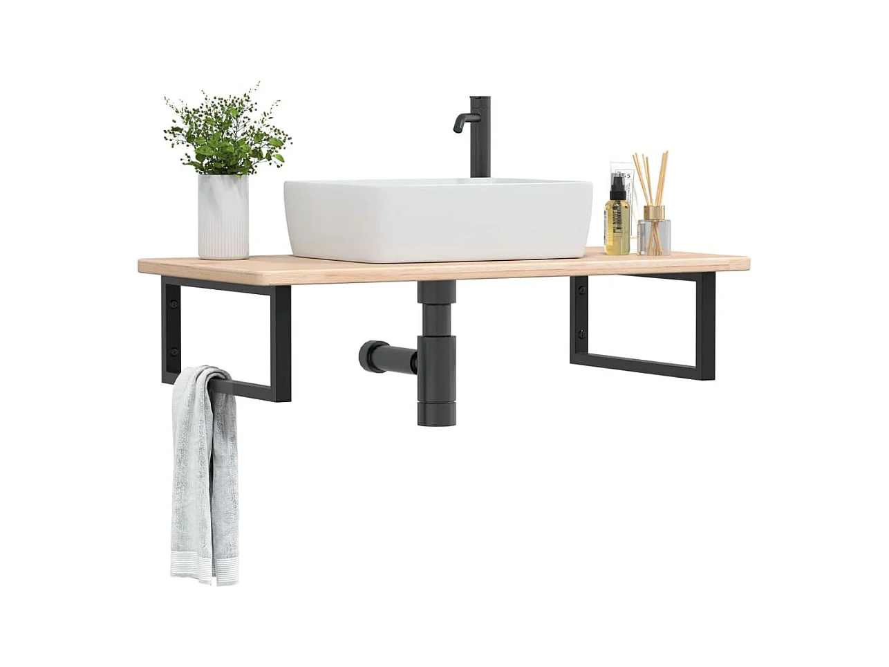 Meuble sous vasque murale acier et bois de chêne massif FR584001
