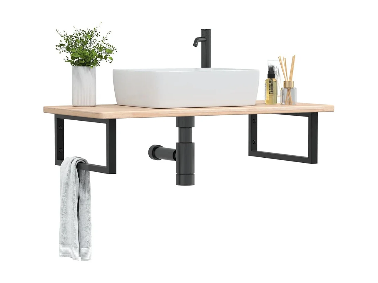 Estante de lavabo de pared de acero y madera maciza de roble ES306330