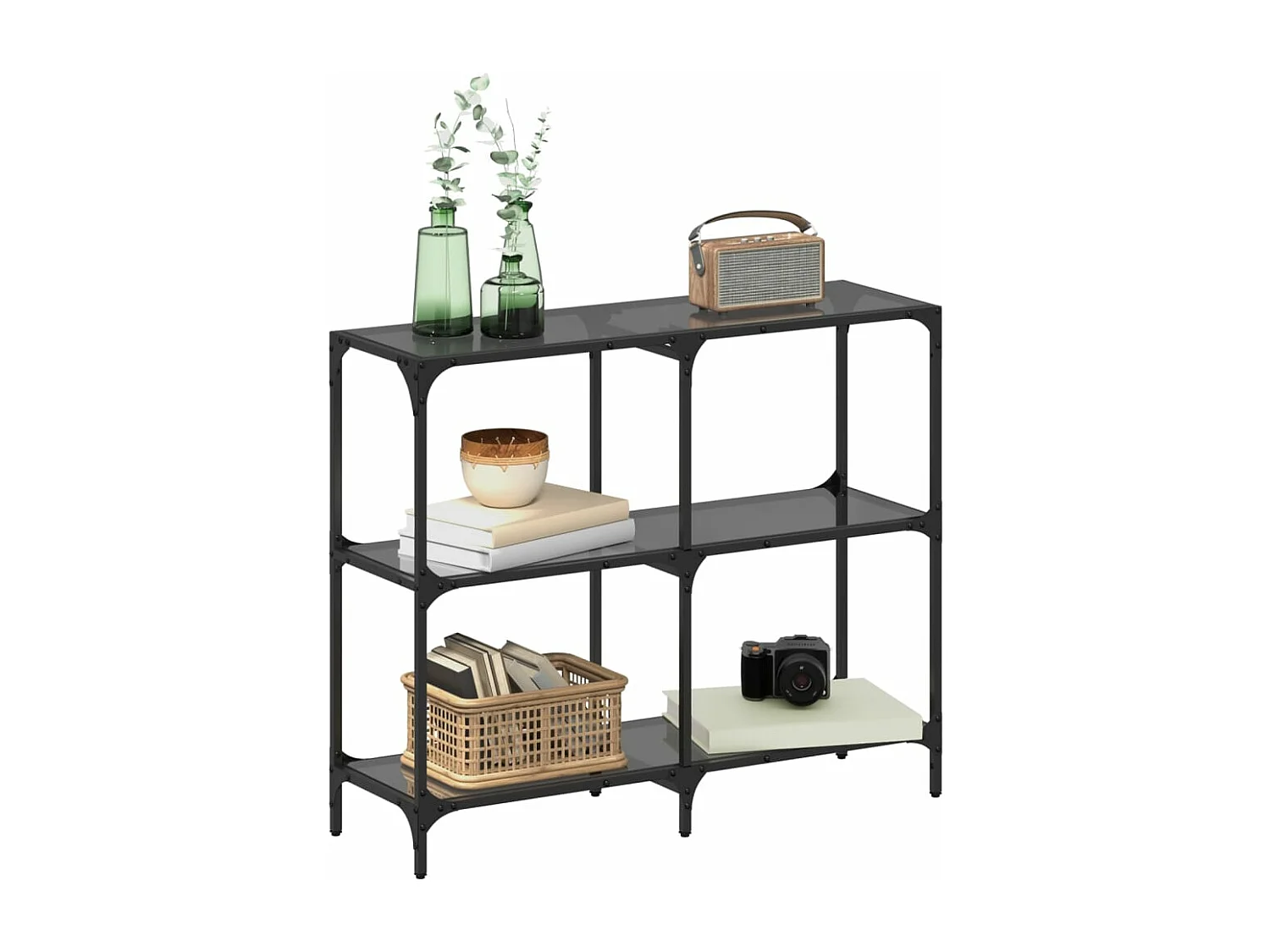 Table console avec dessus en verre noir 98x30x81 cm acier FR194452