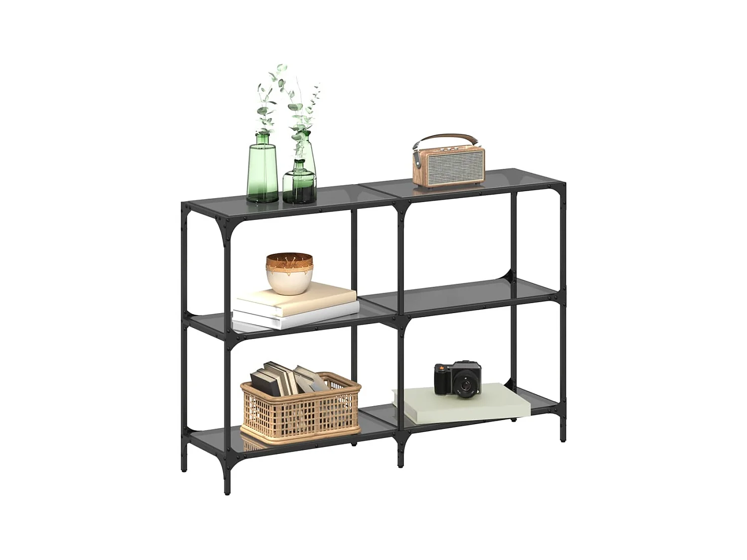 Table console avec dessus en verre noir 118,5x30x81 cm acier FR344565