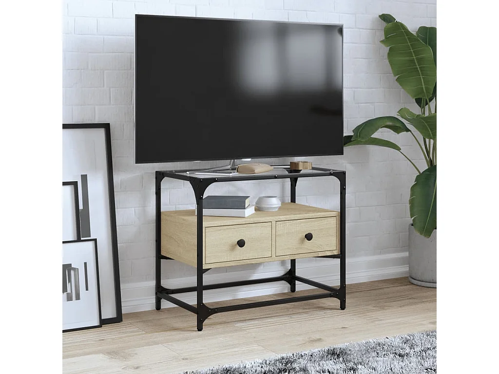Tv-meubel met glazen blad 60x35x51 cm bewerkt hout sonoma eiken BE581668