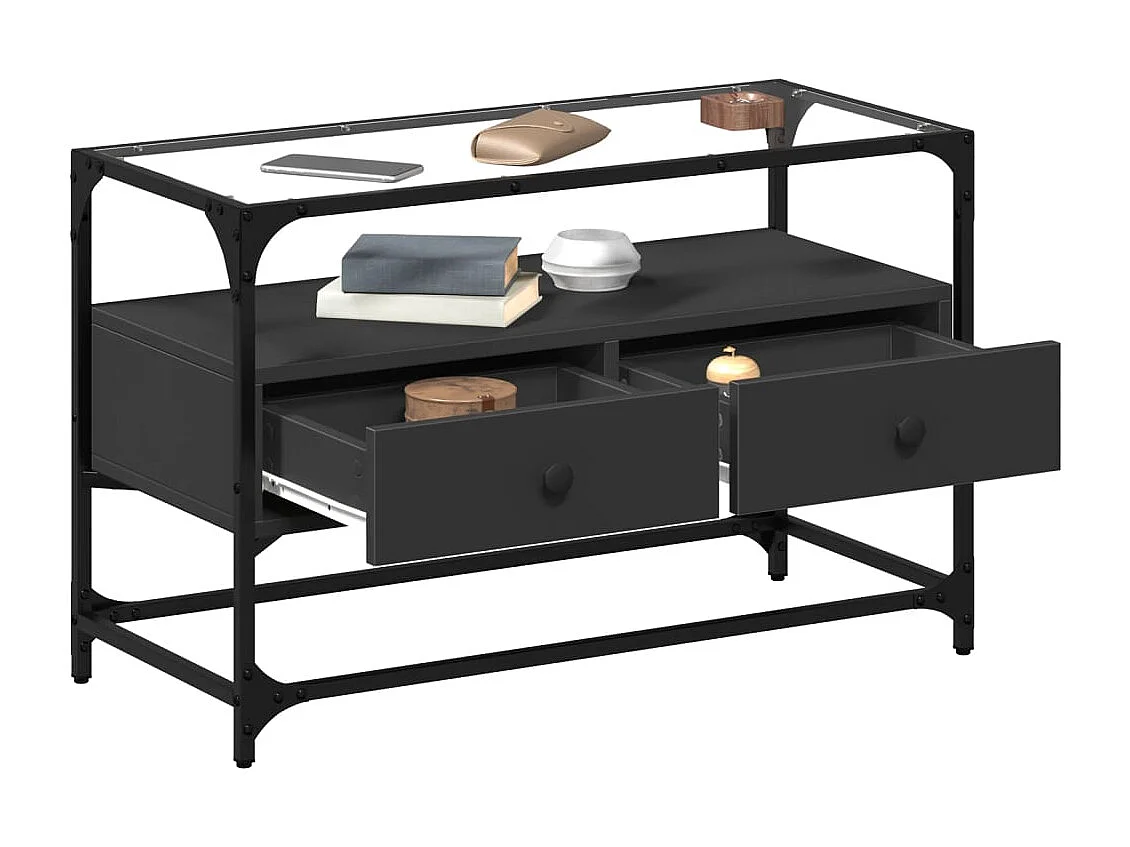 Tv-meubel met glazen blad 80x35x51 cm bewerkt hout zwart BE379406