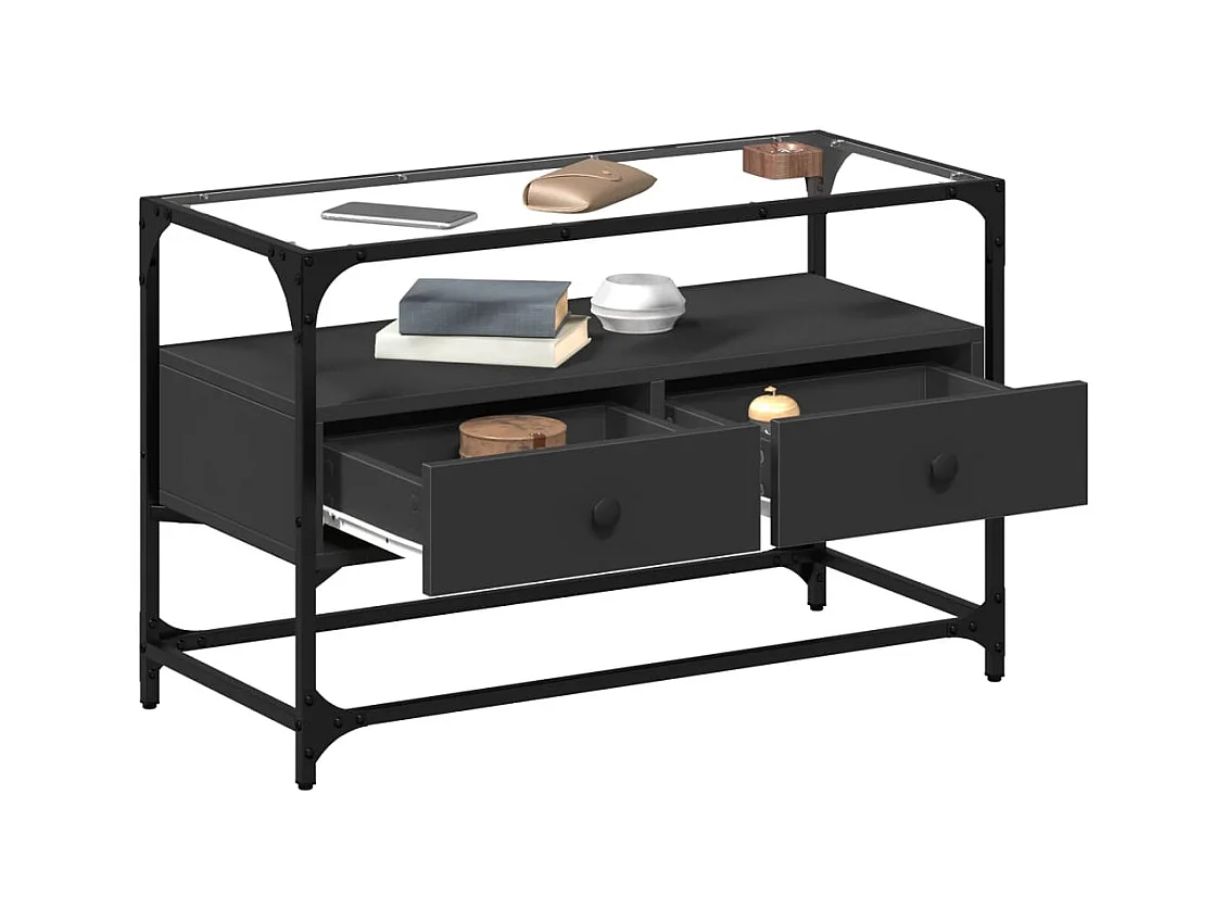 Meuble TV et dessus en verre noir 80x35x51 cm bois d'ingénierie FR214327