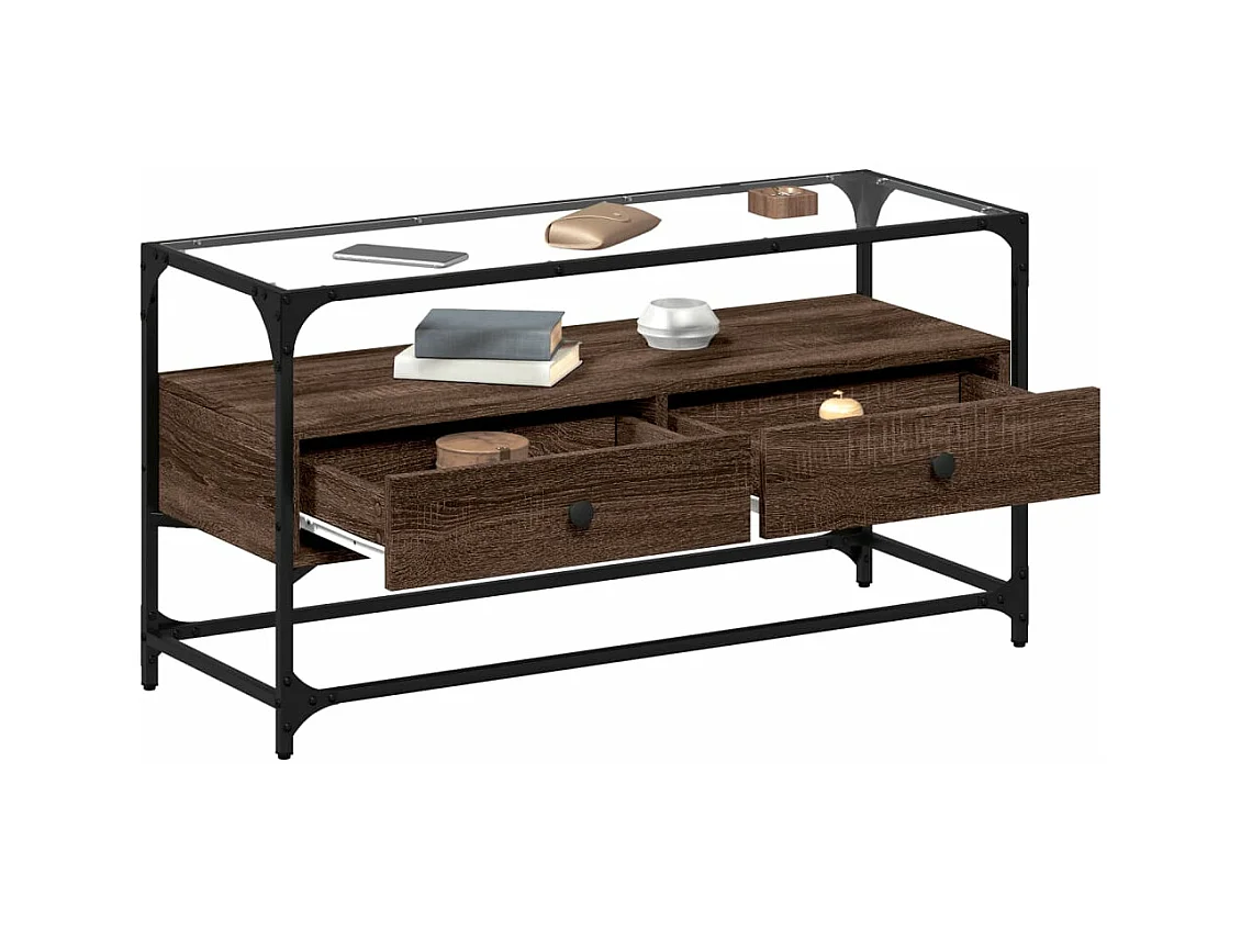 Tv-meubel met glazen blad 98x35x51 cm hout bruin eikenkleurig BE562696