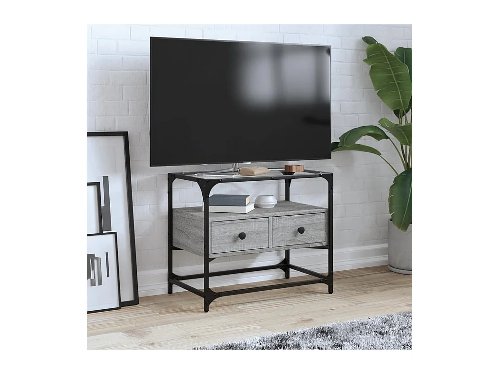 Tv-meubel met glazen blad 60x35x51 cm bewerkt hout grijs sonoma BE998968