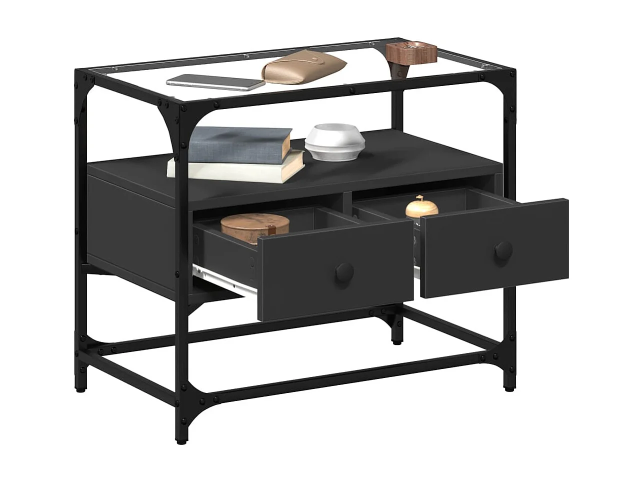 Meuble TV et dessus en verre noir 60x35x51 cm bois d'ingénierie FR695722