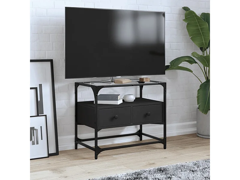 Meuble TV et dessus en verre noir 60x35x51 cm bois d'ingénierie FR695722