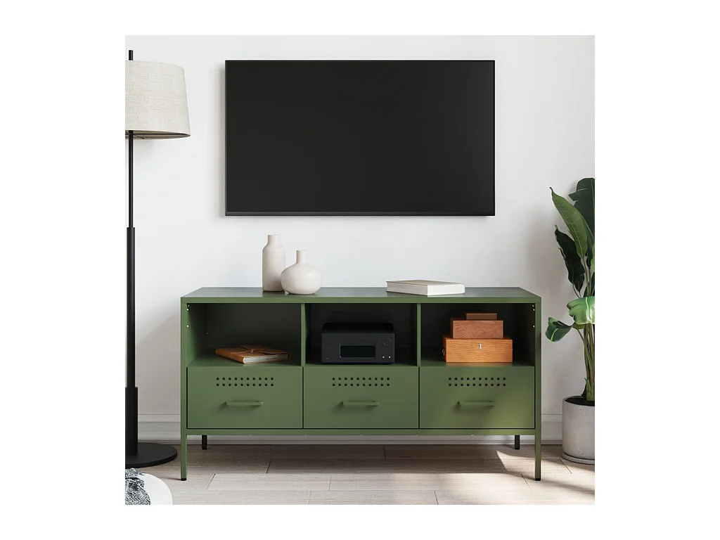 Meuble TV vert olive 100,5x39x50,5 cm acier laminé à froid FR549326