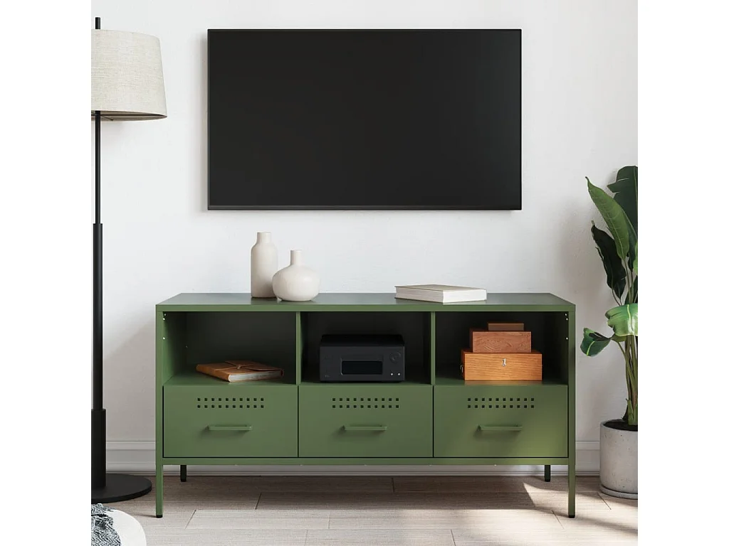 Meuble TV vert olive 100,5x39x50,5 cm acier laminé à froid FR549326