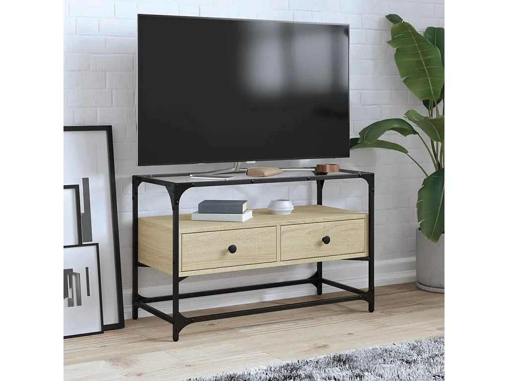 Meuble TV avec dessus en verre chêne sonoma bois d'ingénierie FR440810
