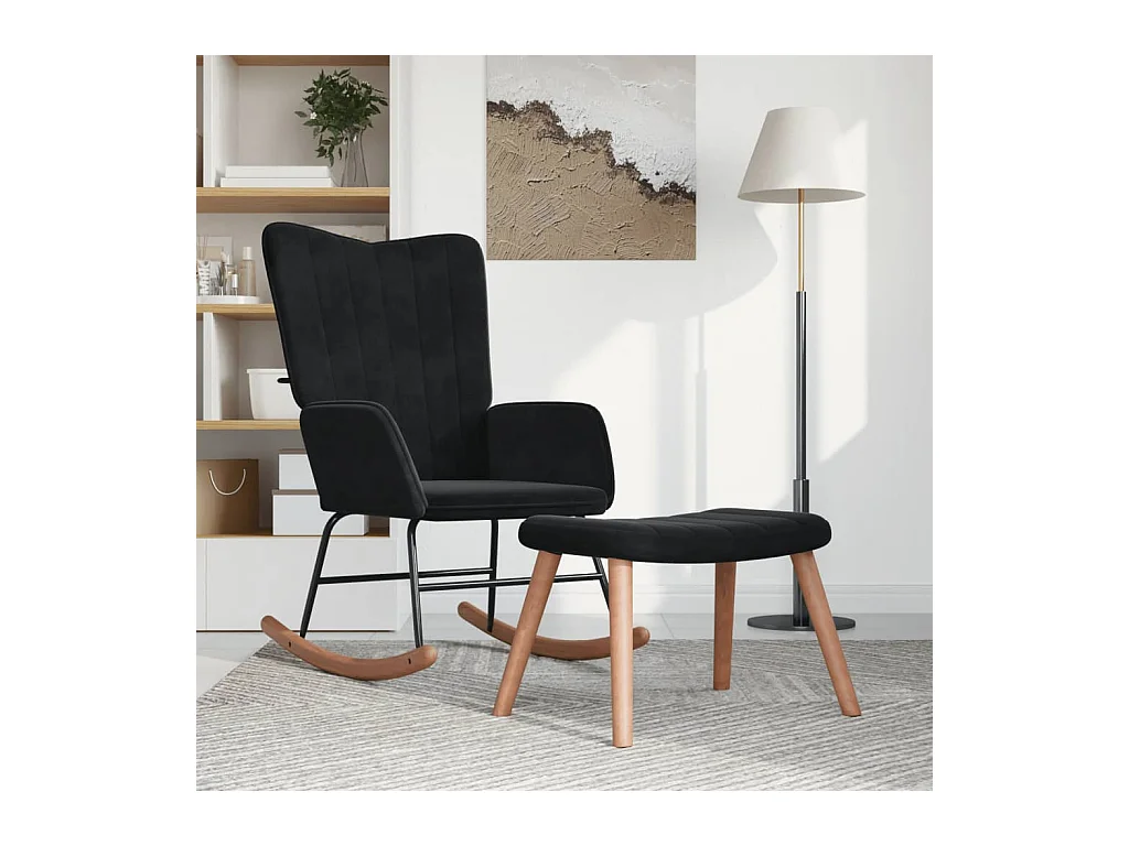 Silla mecedora con reposapiés terciopelo negro ES858818