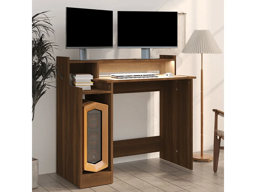 Bureau et lumières LED Chêne brun 97x45x90 cm Bois d'ingénierie FR66809