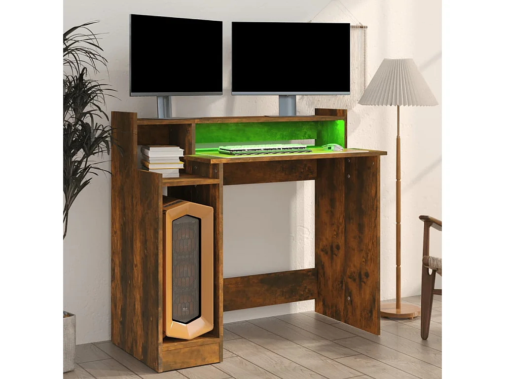 Bureau et lumières LED Chêne fumé 97x45x90 cm Bois d'ingénierie FR40406
