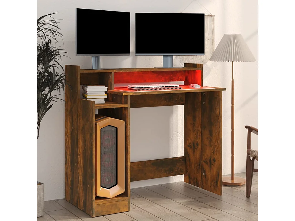 Bureau et lumières LED Chêne fumé 97x45x90 cm Bois d'ingénierie FR40406