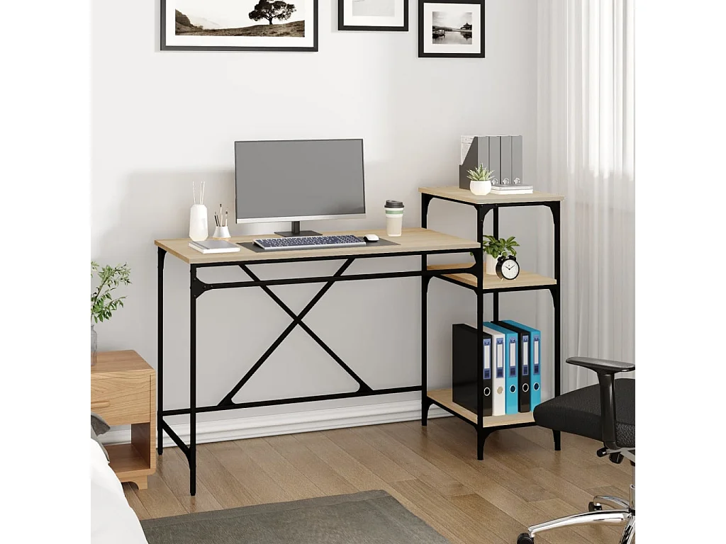 Bureau et étagères chêne sonoma 135x50x90cm bois ingénierie/fer FR25977