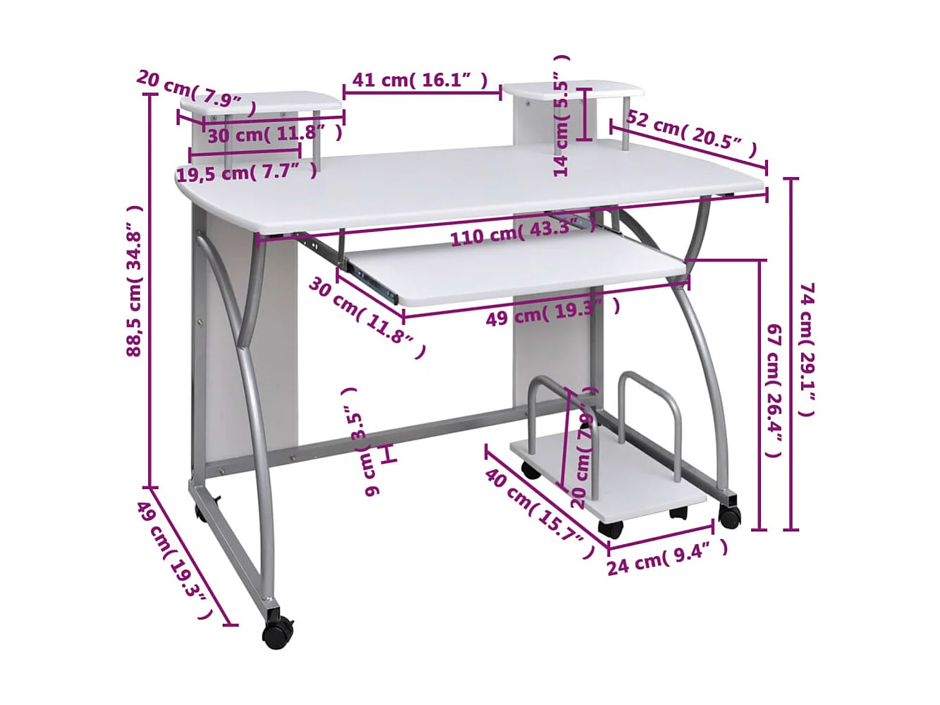 Bureau d'ordinateur Blanc 110x52x88,5 cm Bois d’ingénierie FR50873