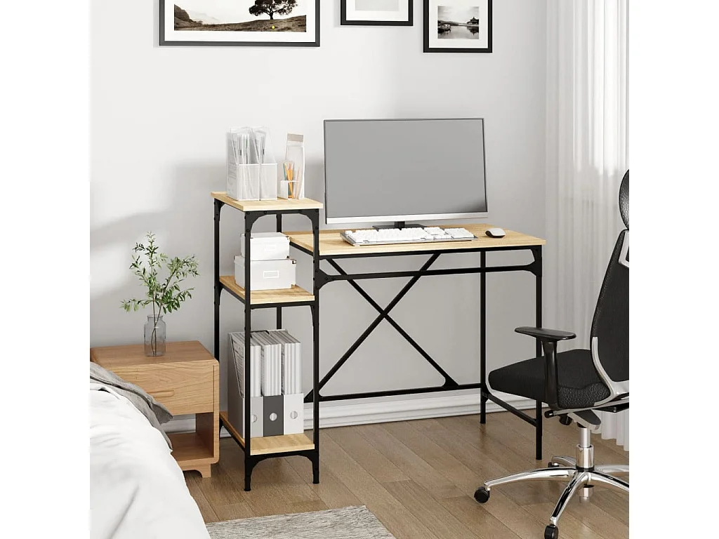 Bureau avec étagères chêne 105x50x90cm bois d'ingénierie et fer FR61326