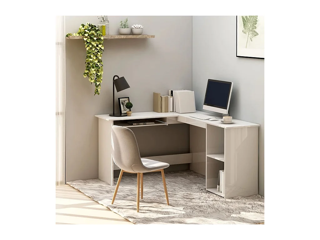 Bureau d'angle en forme de L Blanc brillant Bois d'ingénierie FR27900