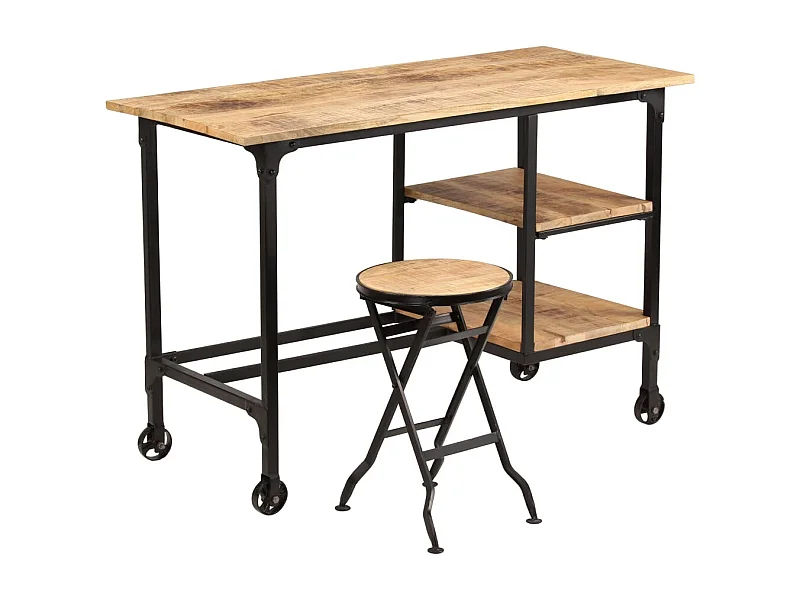 Bureau avec tabouret pliant Bois de manguier massif 115x50x76cm FR48860