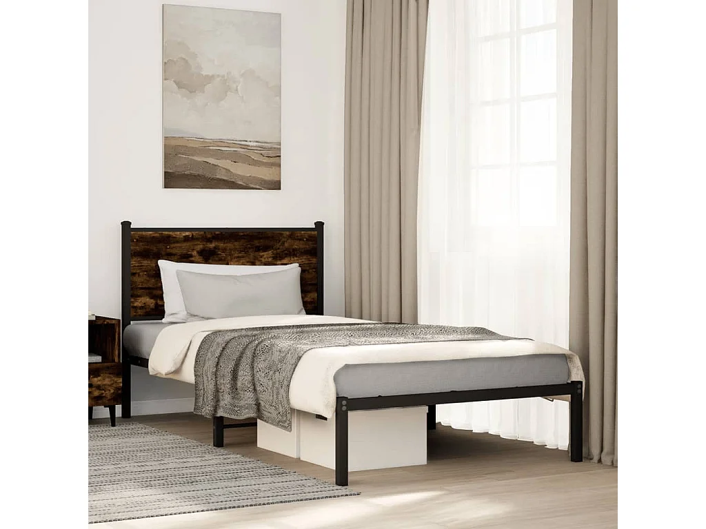 Lit adulte métal avec tête de lit chêne fumé 100x190 cm FR884433