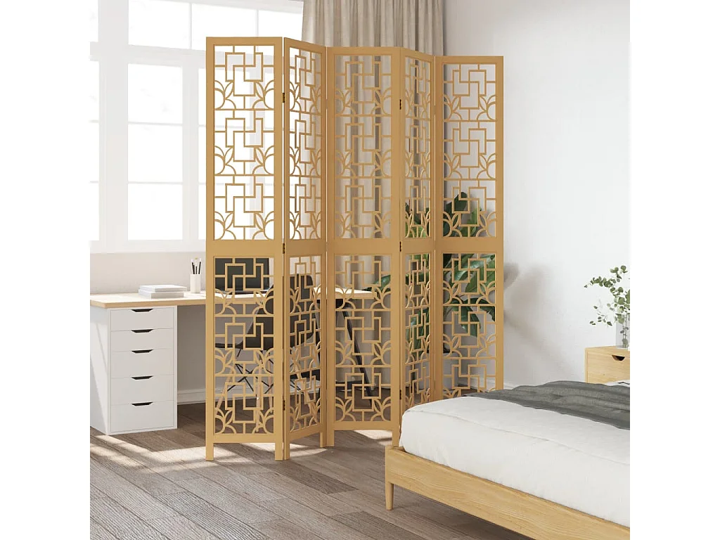 Biombo separador de 5 paneles madera maciza paulownia marrón ES827340