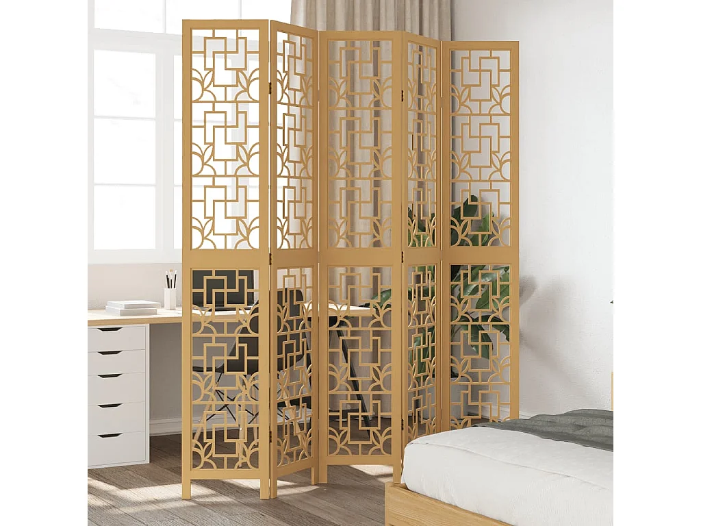 Biombo separador de 5 paneles madera maciza paulownia marrón ES827340