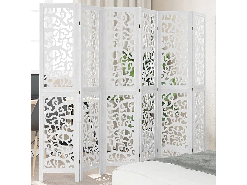 Biombo separador de 6 paneles madera maciza Paulownia blanco ES385614