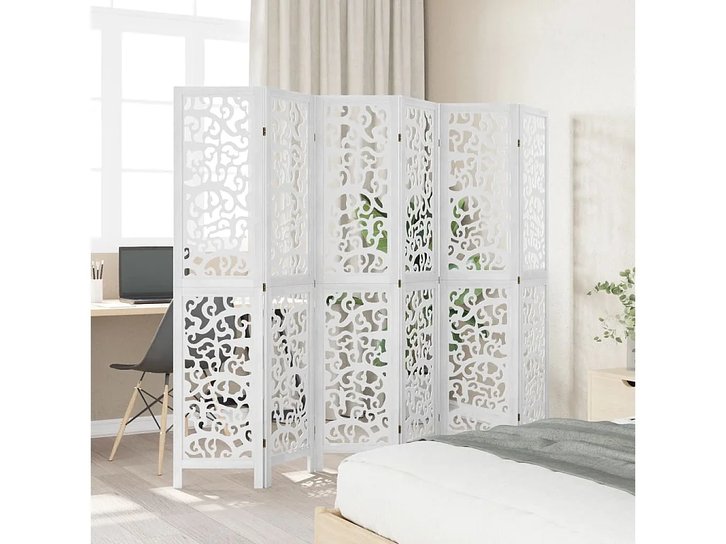 Biombo separador de 6 paneles madera maciza Paulownia blanco ES385614