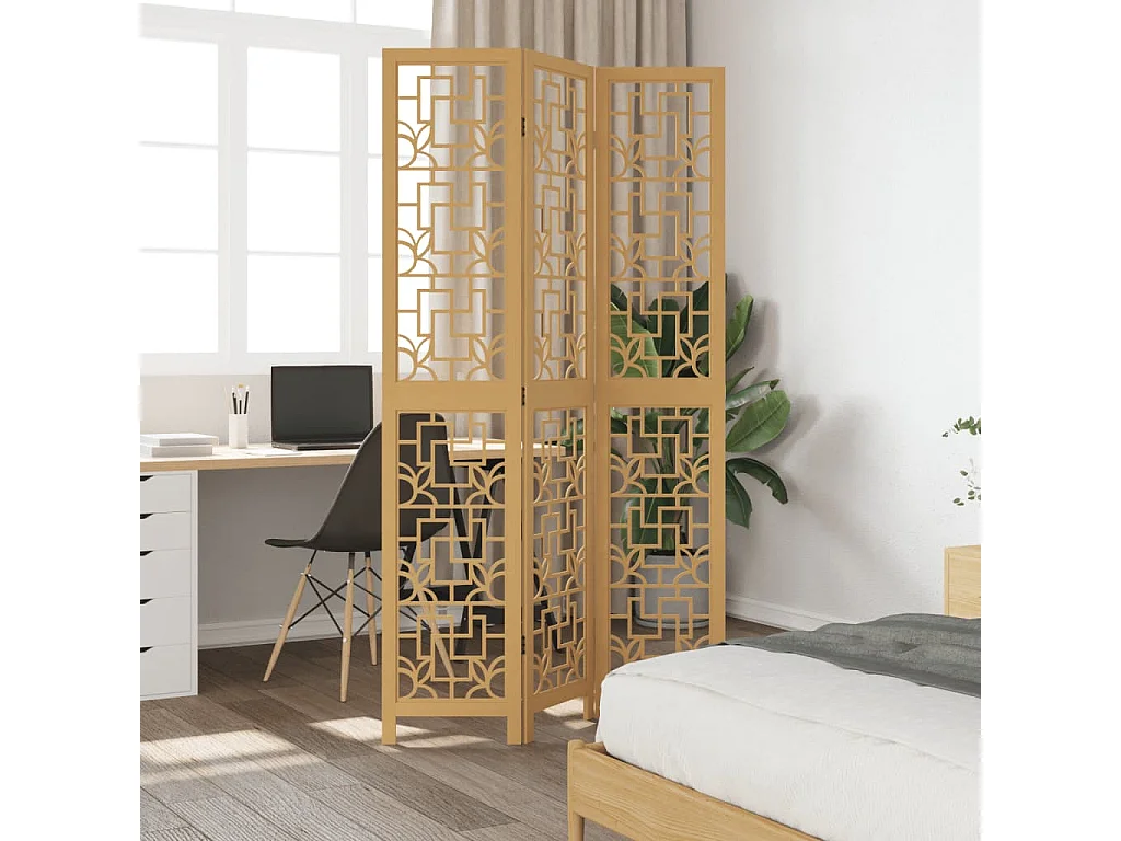 Biombo separador de 3 paneles madera maciza paulownia marrón ES898348