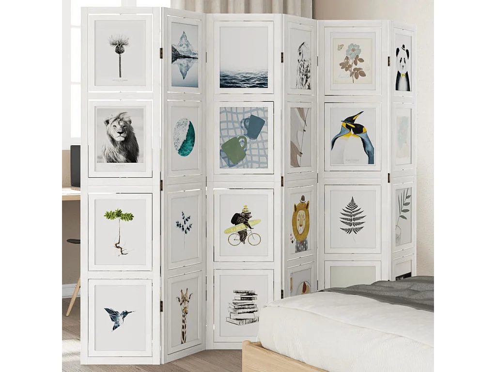 Biombo separador de 6 paneles madera maciza Paulownia blanco ES424683